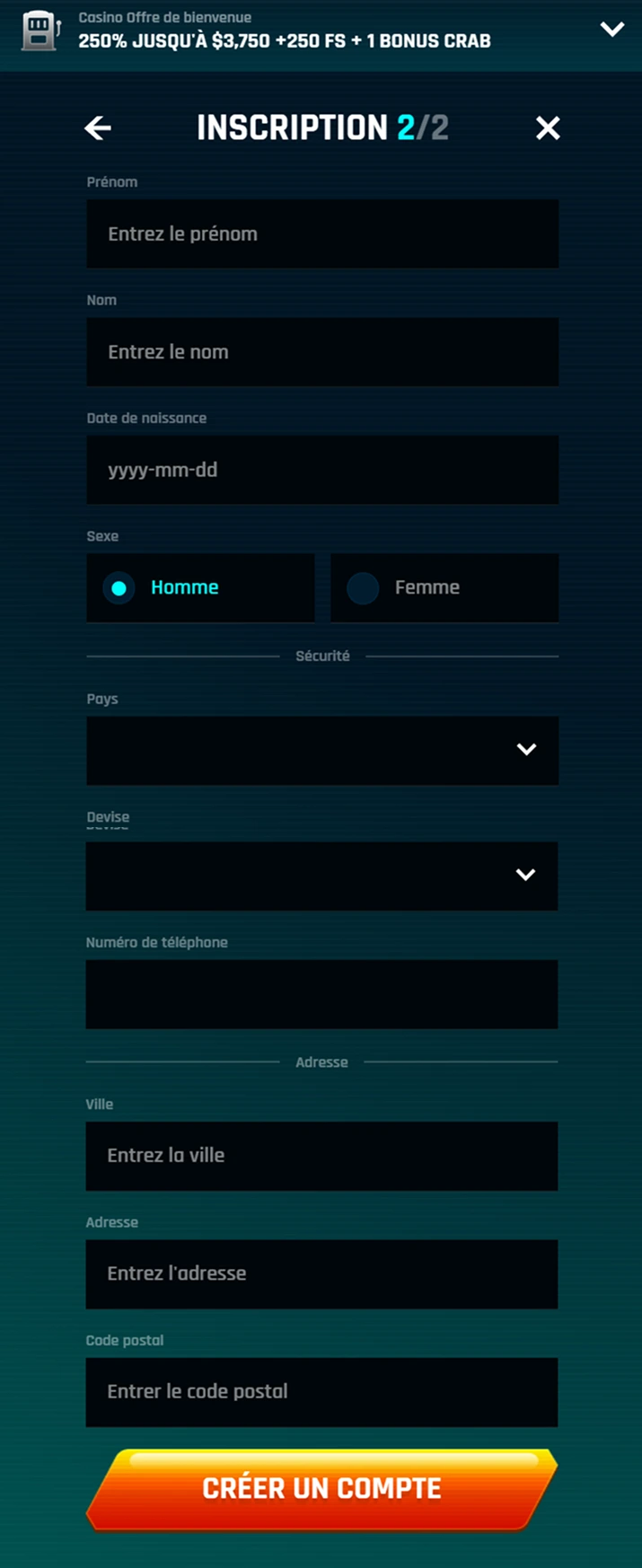 Étape 2 de l'inscription avec infos personnelles