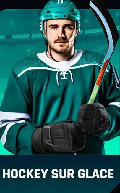 Hockeyeur en vert avec casque et crosse sur glace