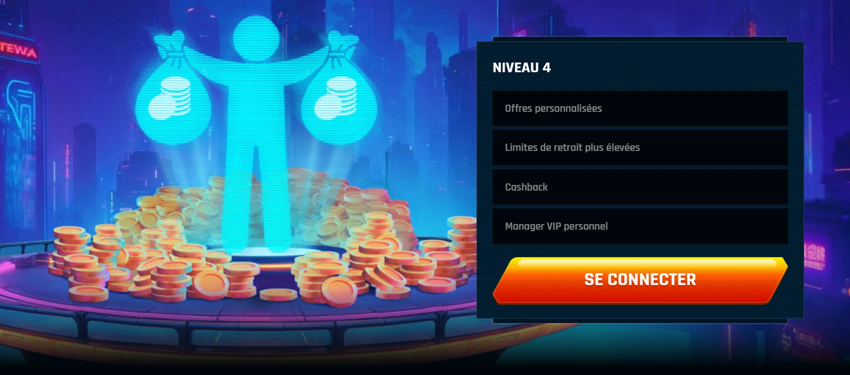 Avatar niveau 4 avec sacs et montagne de pièces