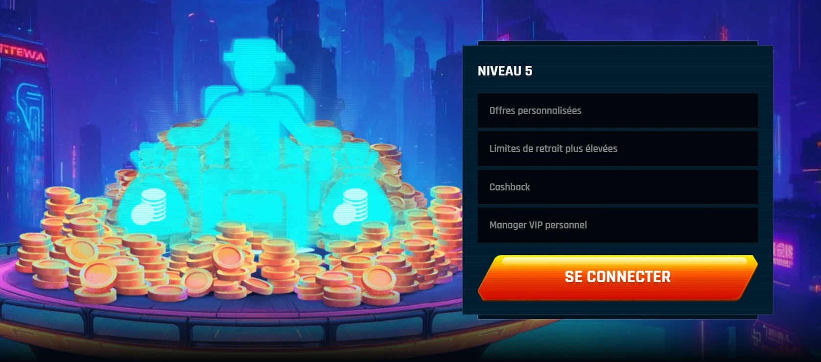 Avatar niveau 5 assis entouré de sacs et pièces